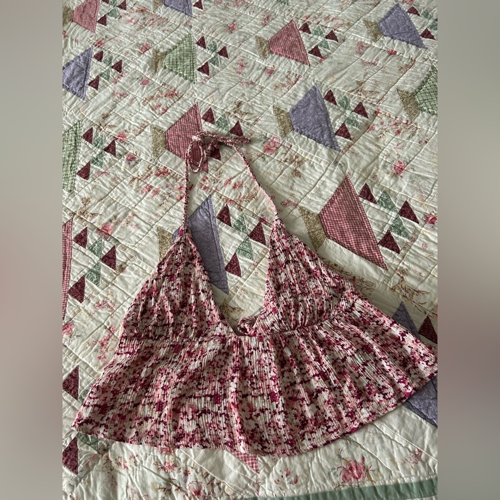 Garage pink red beige floral halter top braided straps
